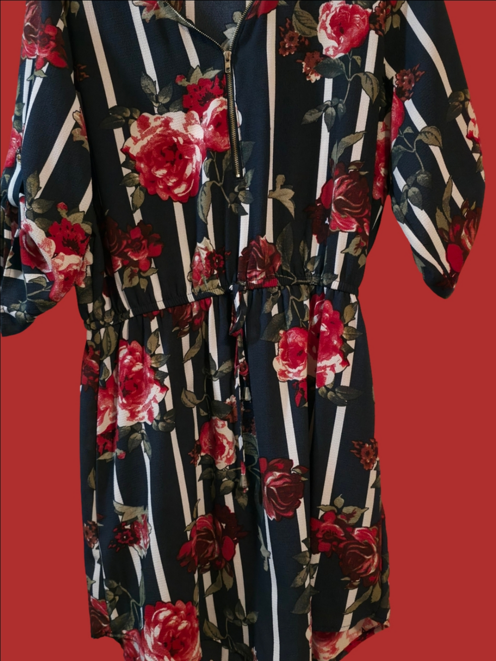4/$67 Deal! Stella Tweed Navy Floral Stripe Romper with Red Roses